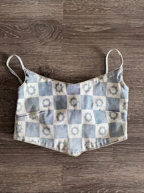 Balboa Blue Floral Checkerboard Cropped Pointed Top